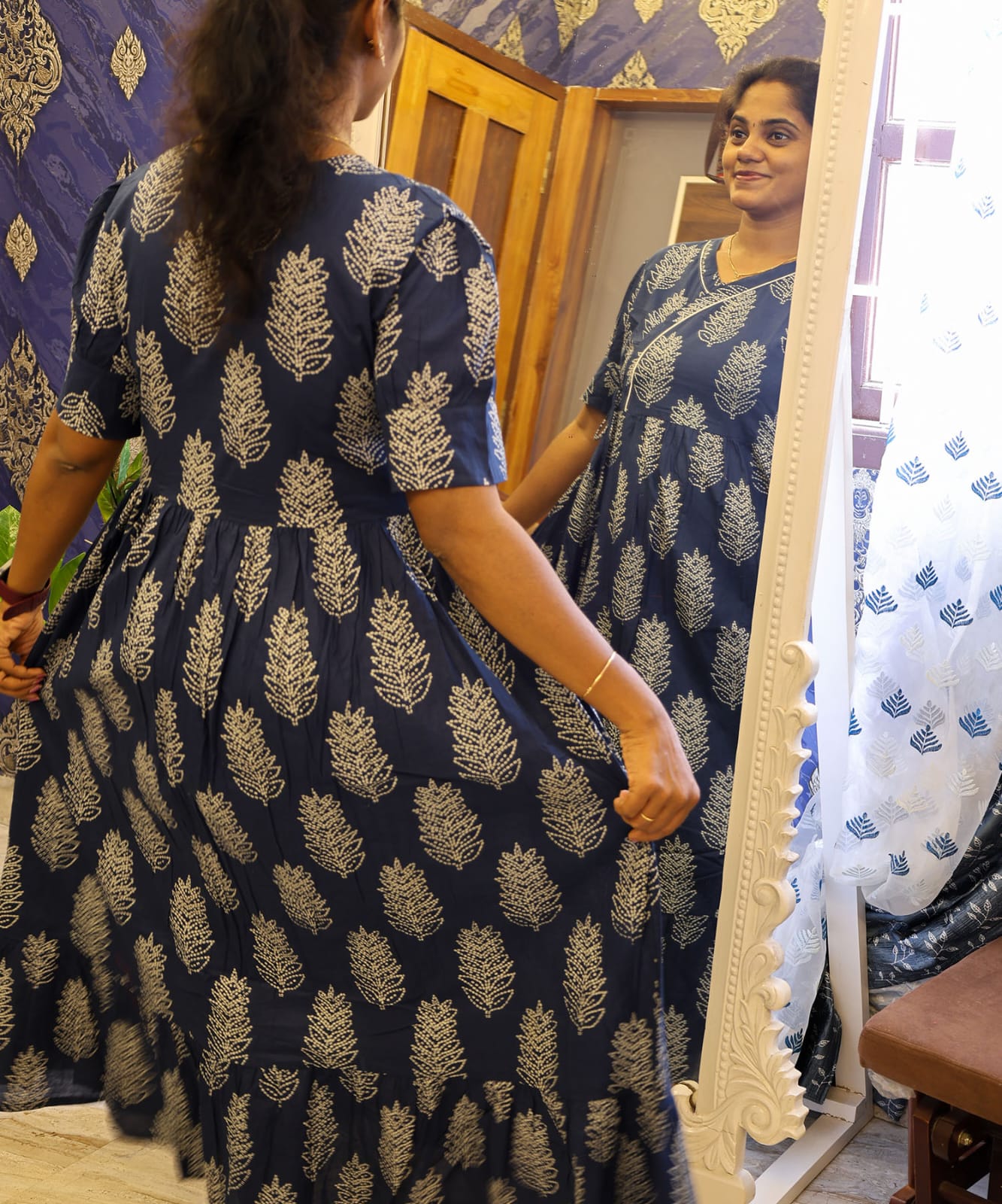 Cotton Frock Dark Blue Leaf - Image 3