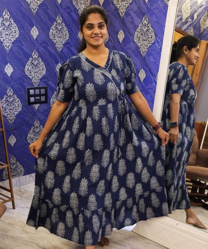 Cotton Frock Dark Blue Leaf