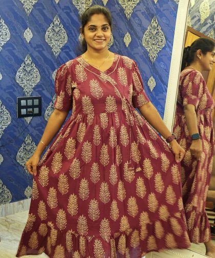 Cotton Frock Purple Leaf