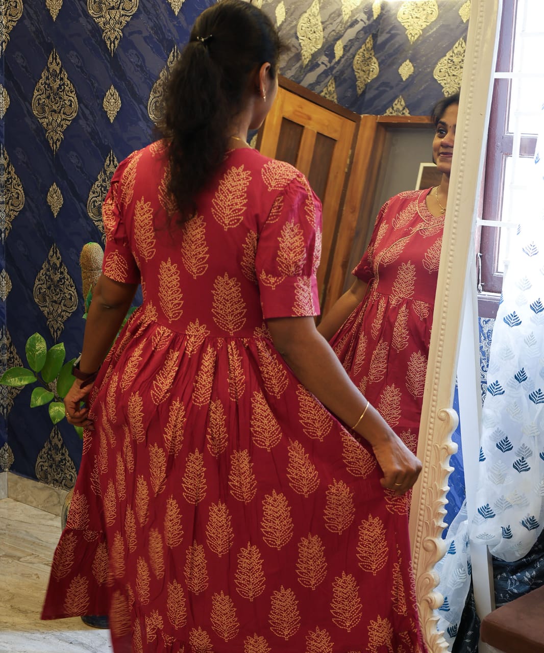 Cotton Frock Rani Pink Leaf - Image 2