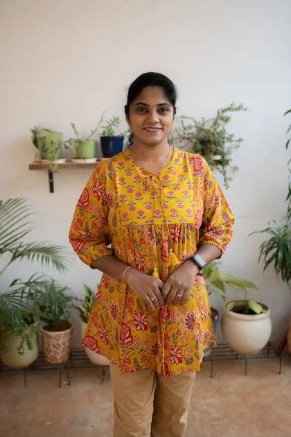 Cotton Round Neck A Line Yoke Short Top Mustard Yellow