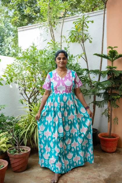 Cotton Nighty Non Feeding Emarold Green with Pink