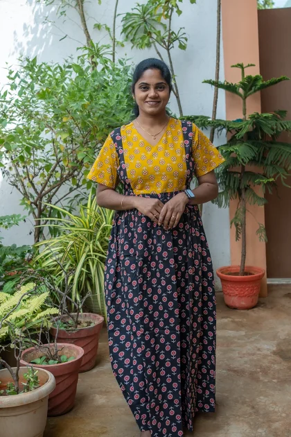 Cotton Nighty Non Feeding Black with Mustard Yellow