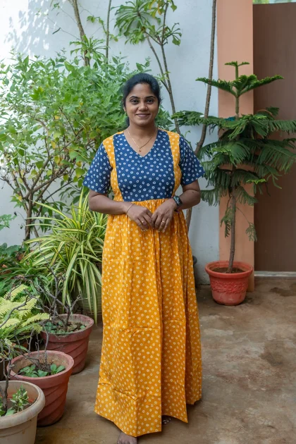 Cotton Nighty Non Feeding Yellow with Navy Blue