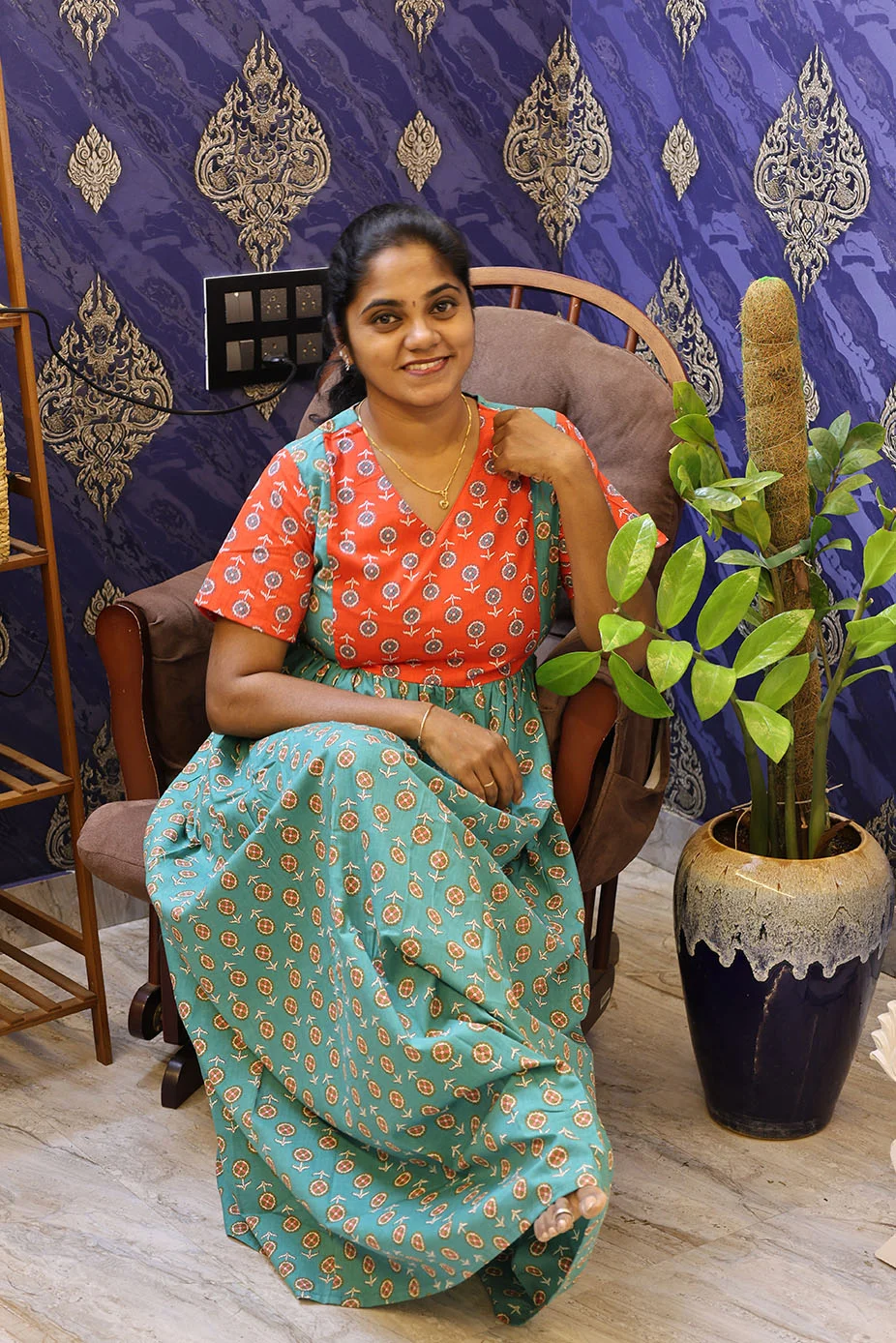 Cotton Nighty Non Feeding Sage green With Red - Image 2