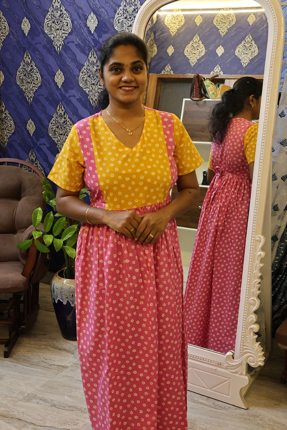 Cotton Nighty Non Feeding Pink with yellow - Image 2