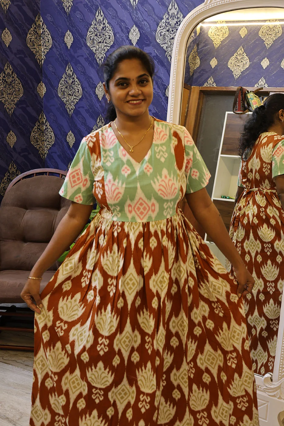 Cotton Nighty Non Feeding Brown With Pista green - Image 2