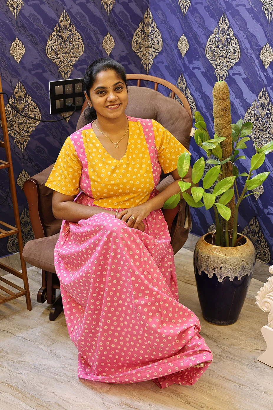 Cotton Nighty Non Feeding Pink with yellow - Image 3